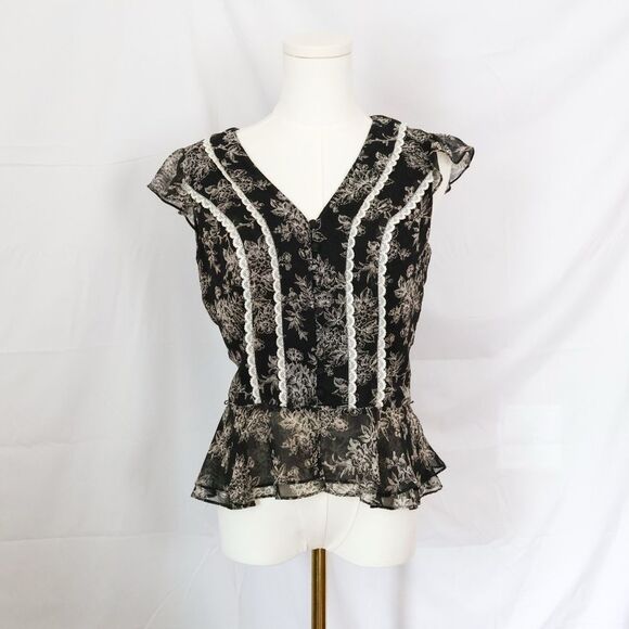 LOFT Tops - 90s Ann Talyor Loft Floral V-Neck Short Sleeve Blouse - 0, black & white